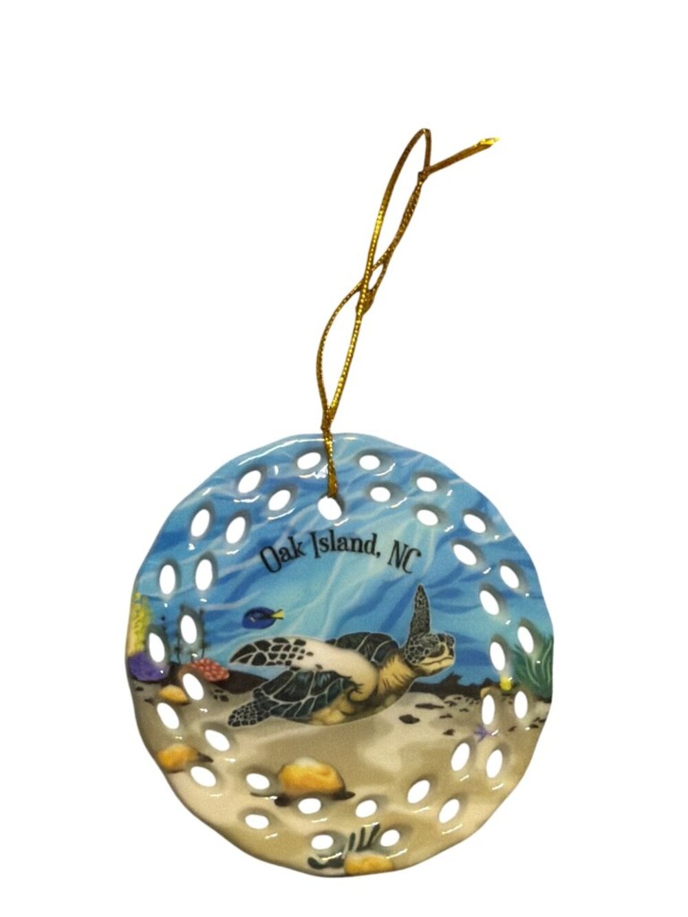 Sea Turtle Ceramic Ornament Oak Island NC Cord Christmas Double Sided 3" NWOT - Picture 3 of 4